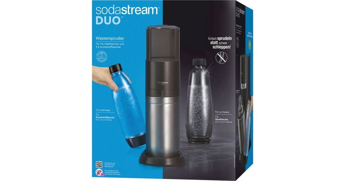 SodaStream Wassersprudler inkl. CO₂-Zylinder Duo Kunststoffflasche, 1+1 Titan Glasflasche