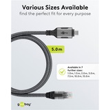 goobay Ethernet-Kabel USB-C 3.2 Gen2 Stecker > RJ-45 Stecker, LAN-Adapter schwarz/silber, 5 Meter, geflochtener Textilmantel