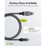 goobay Ethernet-Kabel USB-A 3.2 Gen1 Stecker > RJ-45 Stecker, LAN-Adapter schwarz/silber, 3 Meter, geflochtener Textilmantel