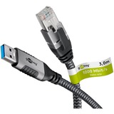 goobay Ethernet-Kabel USB-A 3.2 Gen1 Stecker > RJ-45 Stecker, LAN-Adapter schwarz/silber, 3 Meter, geflochtener Textilmantel