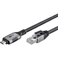 goobay Ethernet-Kabel USB-C 3.2 Gen2 Stecker > RJ-45 Stecker, LAN-Adapter schwarz/silber, 1,5 Meter, geflochtener Textilmantel