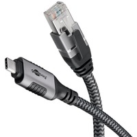 goobay Ethernet-Kabel USB-C 3.2 Gen2 Stecker > RJ-45 Stecker, LAN-Adapter schwarz/silber, 2 Meter, geflochtener Textilmantel